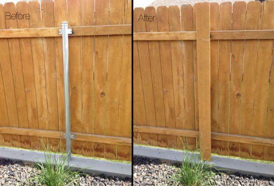 How To Cover Ugly Metal Fence Posts With Wood! before & after