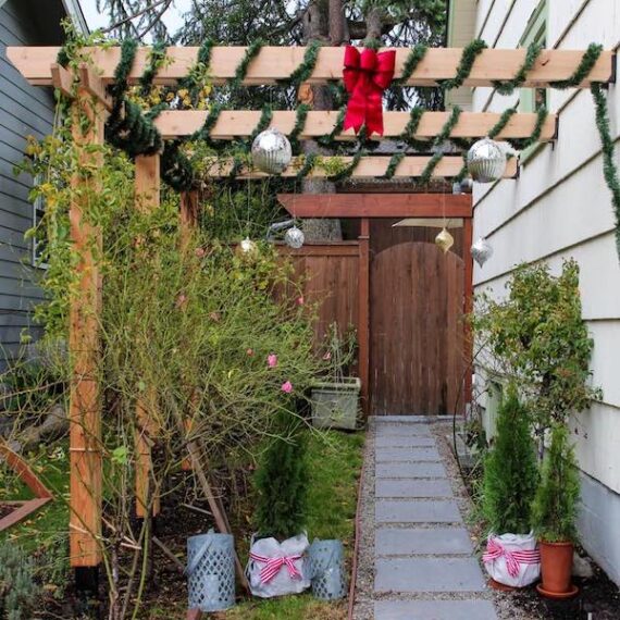 patio walkway cover decorated for Christmas