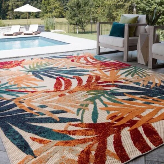 colorful outdoor rug with palm print