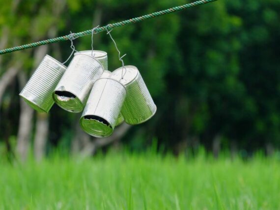 tin cans hanging from string to keep deer out of a garden